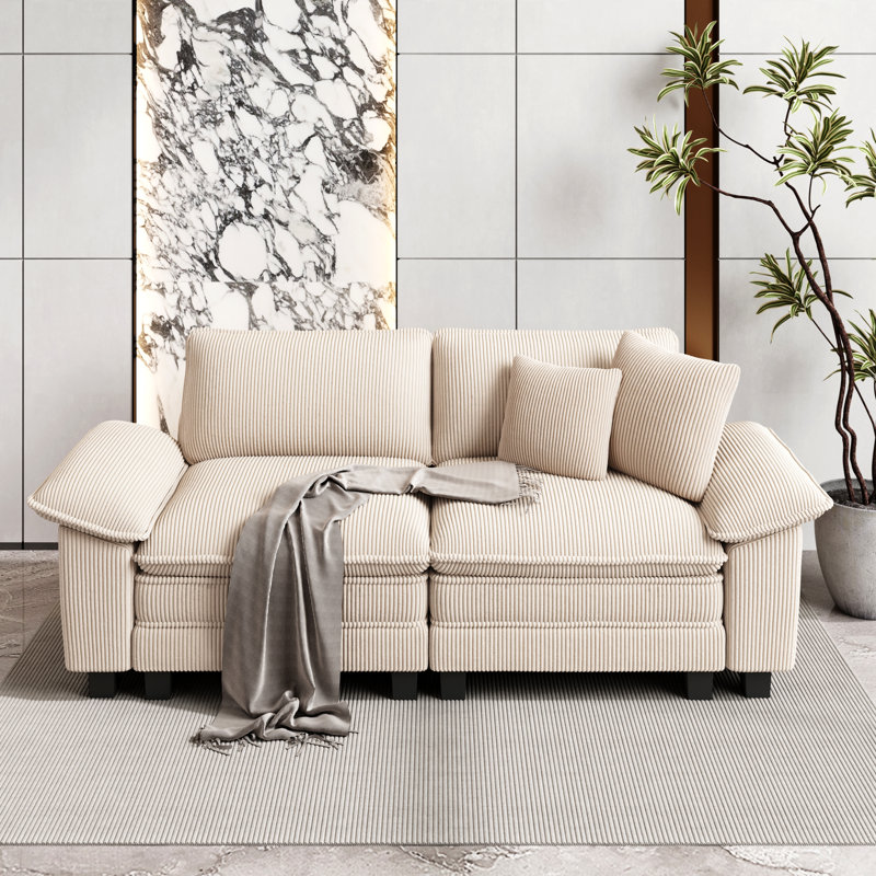 2 Seater Chenille Sofa & Chaise, Beige Corduroy