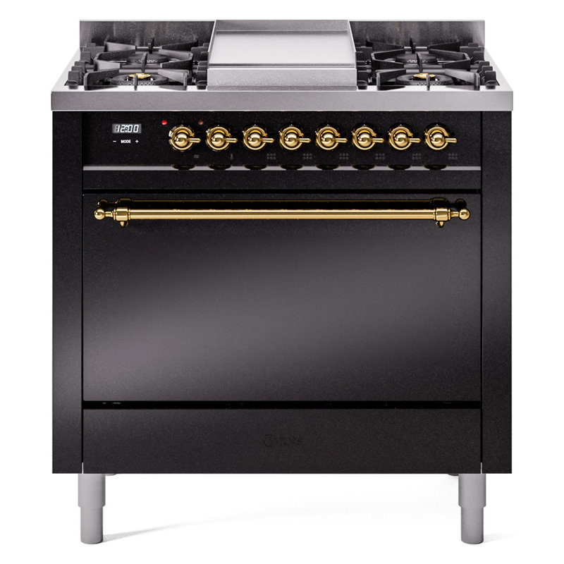 ILVE Nostalgie II 36 in Dual Fuel Range, Glossy Black/Brass, Liquid Propane