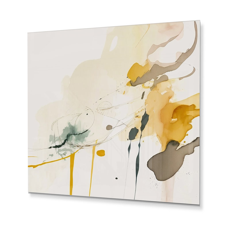 Touched By Mustard - jaune et gris ultime II - décoration murale abstraite à l'encre liquide en métal