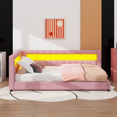 Lit de jour rembourré avec tête de lit, ports USB et ceinture à DEL, cadre de lit plateforme en L