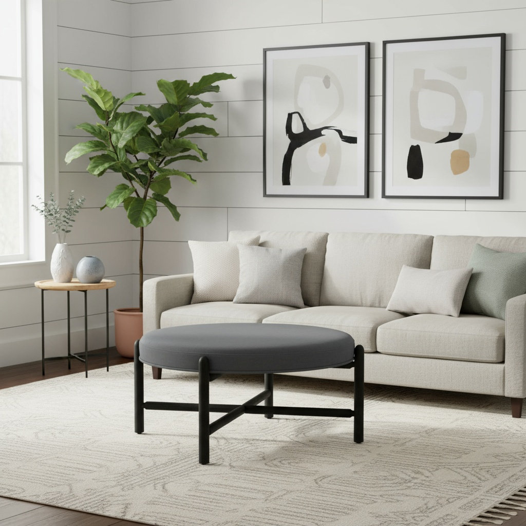 Vane 36" Linen Upholstered Ottoman, Charcoal, Black
