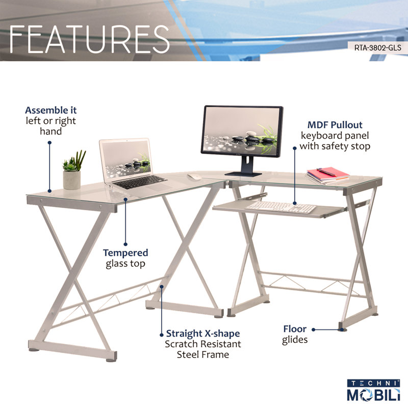 Bureau d'ordinateur en L en verre trempé avec panneau de clavier coulissant, Transparent/blanc