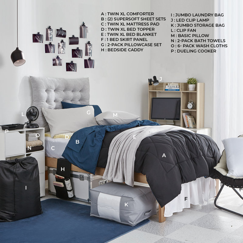 Entièrement chargé - Literie pour dortoir simple TG + ensemble de fournitures essentielles pour étudiants, Noir / bleu marine