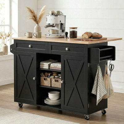Îlot de cuisine l 50 po avec comptoir rabattable, armoire de rangement roulante noire avec roues verrouillables