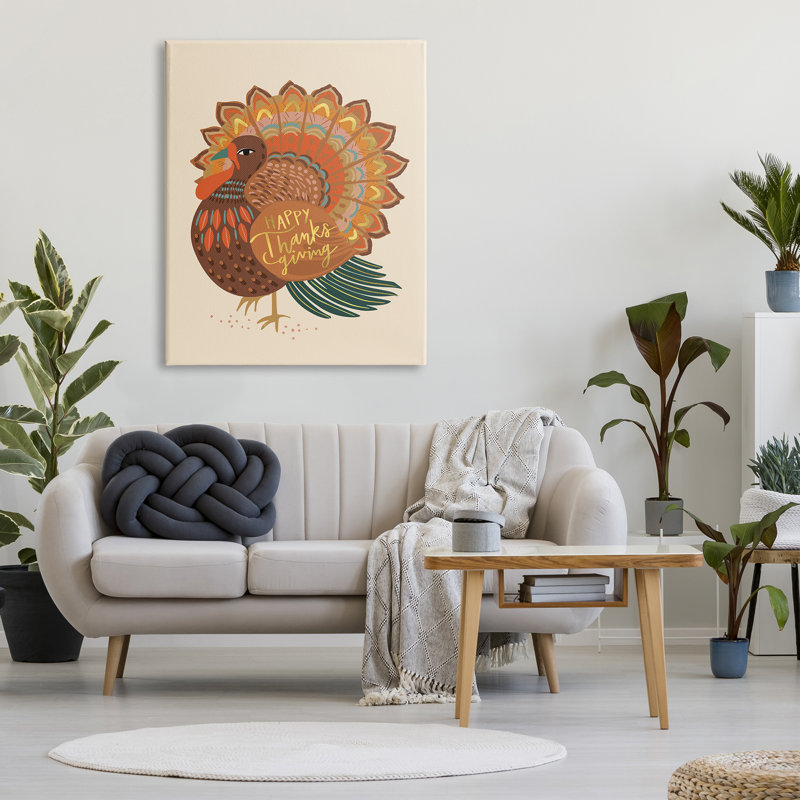 " Happy Thanksgiving Festive Orange Wild Turkey Patterned ", 48" H x 36" W x 1.5" D, Wrapped Canvas