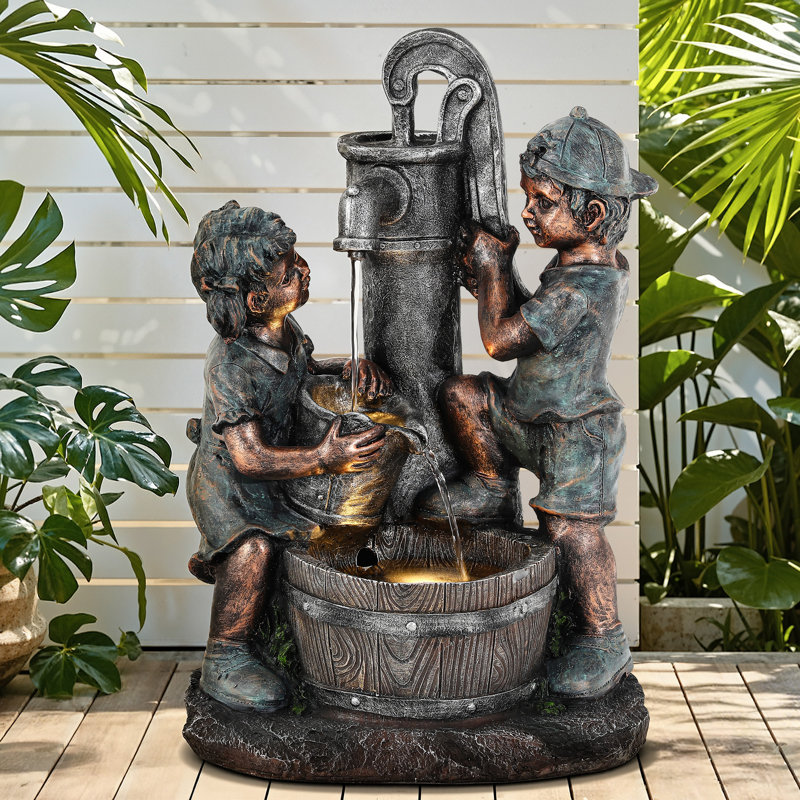 26" Antique-Style Water Fountain with LED Lights, Boy-Girl Playing with Faucet Cascading Waterfall Decor, 3-Tier Weather-Resistant Resin Outdoor Feature