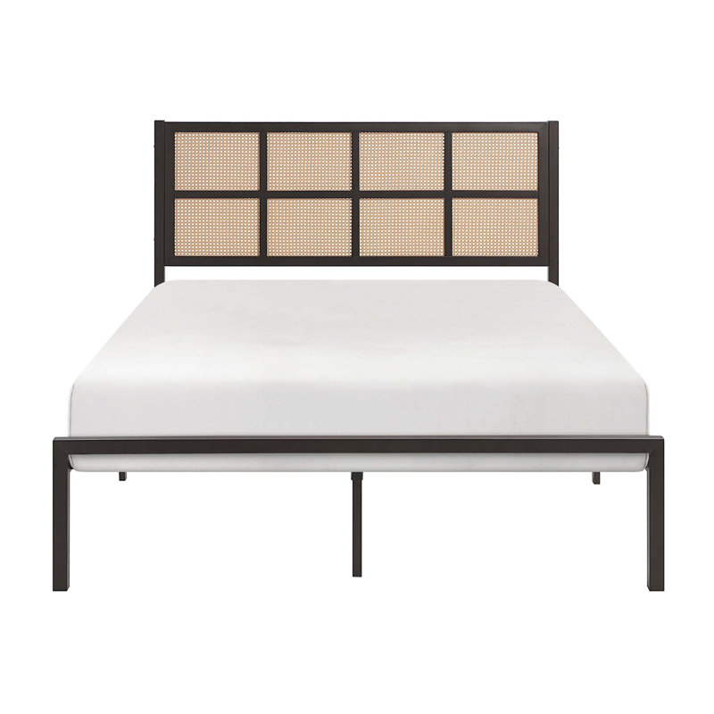 Lit plateforme en métal décontracté avec tête de lit en faux canne, sans sommier, Bronze, Grand lit