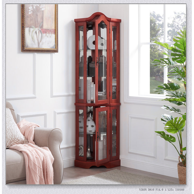 Vitrine lumineuse en verre avec portes et tablettes en verre trempé, rangement en coin pour salon et chambre à coucher