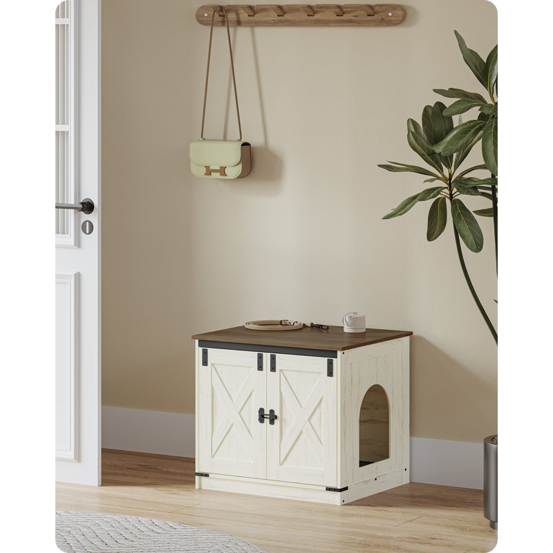 Cat Litter Box Enclosure with Cushion, Hidden Litter Box Furniture with Removable Dividers, Reversible Entrance Left or Right Side, Cat House, Rustic White and Brown
