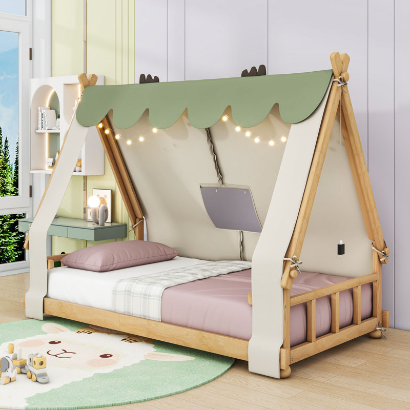 Whimsical Forest Wooden House Bed With Detachable Tent And Roof, Twin, White