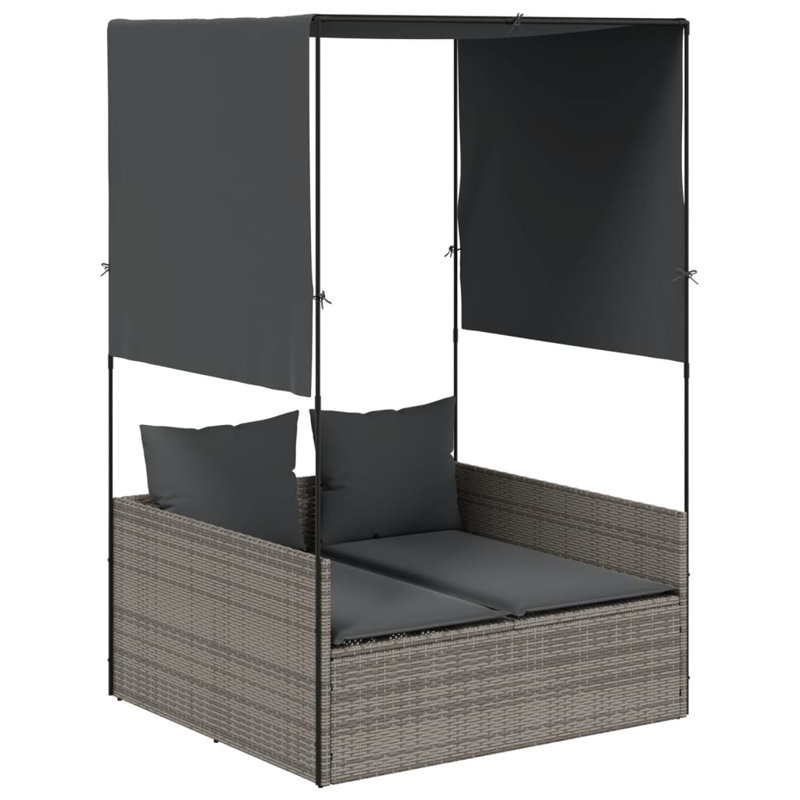  Double Sun Lounger Grey PE Rattan, Powder-Coated Steel, Polyester, Gray, Dark Gray