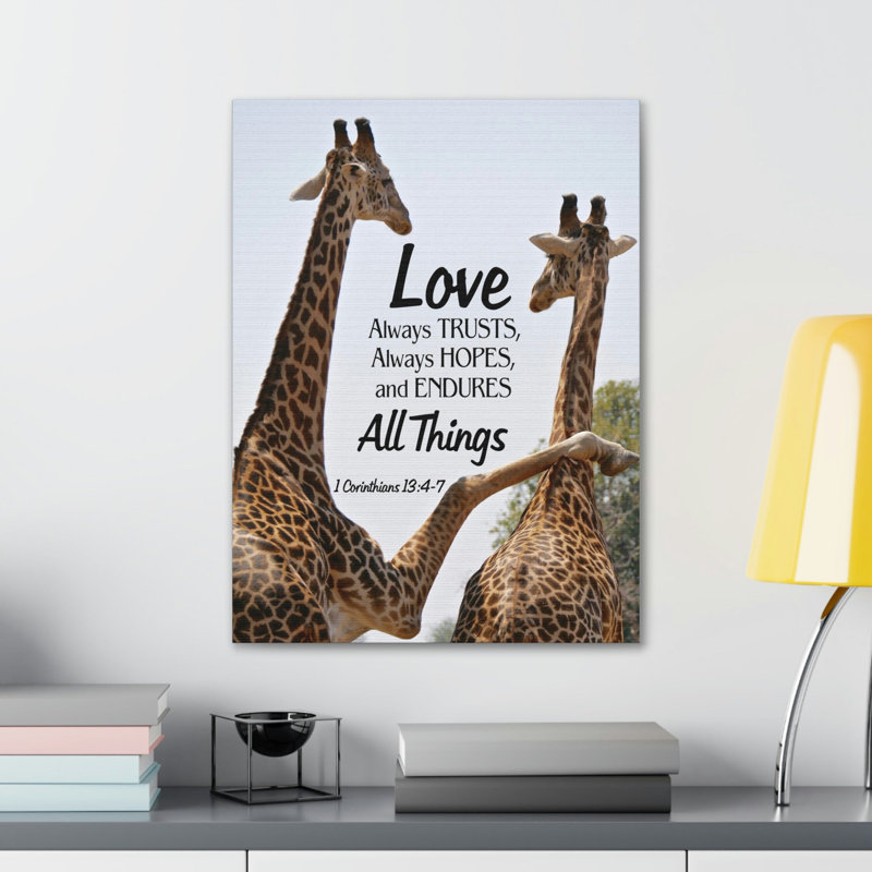 Girafe 1 Corinthiens 13: 6 verset biblique sur toile, art mural chrétien, H 30 po x l 24 po