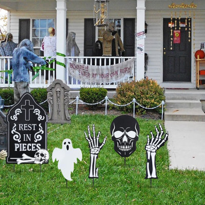 Halloween Metal Garden Stakes Set 5 Pcs Skull Hand Ghost Yard Decorations Outdoor Lawn Patio Decor