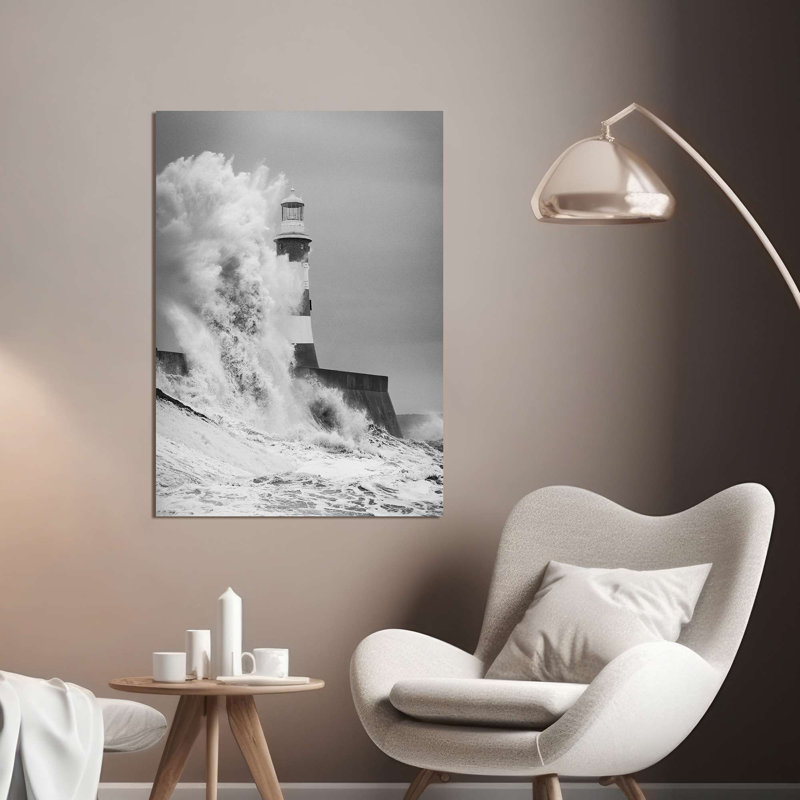 Black And White Photograph Of A Lighthouse, North Sea by Pangea Images - Wrapped Canvas Print, 70cm H x 50cm W