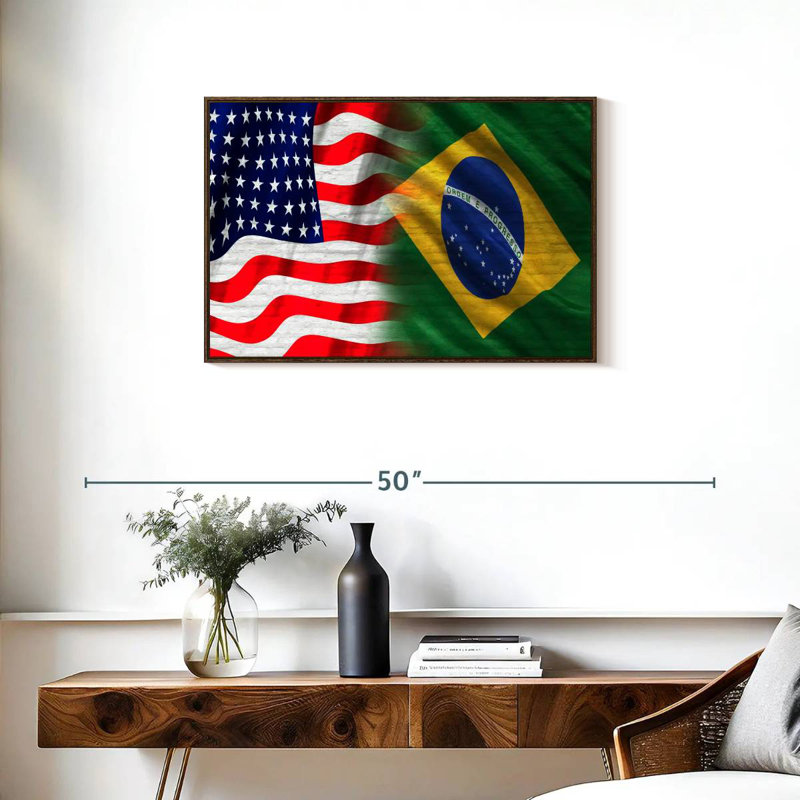 Drapeau des États-Unis et du Brésil, Cadre flottant en noyer, 31 po x 21 po