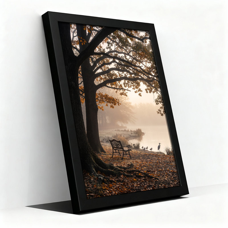 " Misty Lake Shore With Autumn Trees And Park Bench " Painting Print, H 30 po x l 20 po