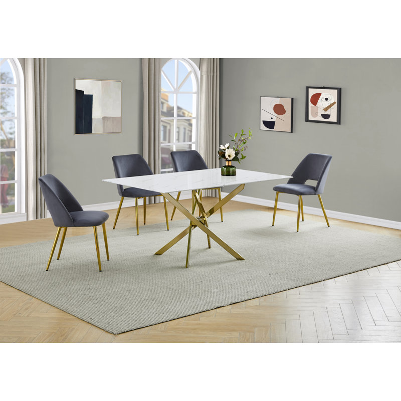Ensemble de salle à manger en verre avec revêtement en marbre et chaises d'appoint rembourrées, Gris