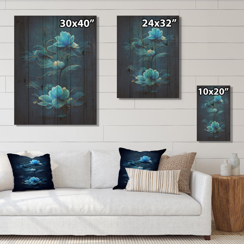 Fleurs rétro bleu clair chinois II - reproduction sur toile, H 32 po x l 24 po x P 1 po, Bois