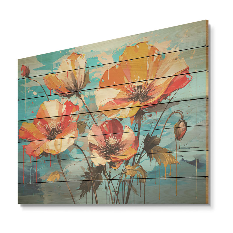Bouquet de coquelicots orange et bleu II - coquelicots sur bois, H 10 po x l 20 po x P 0,78 po