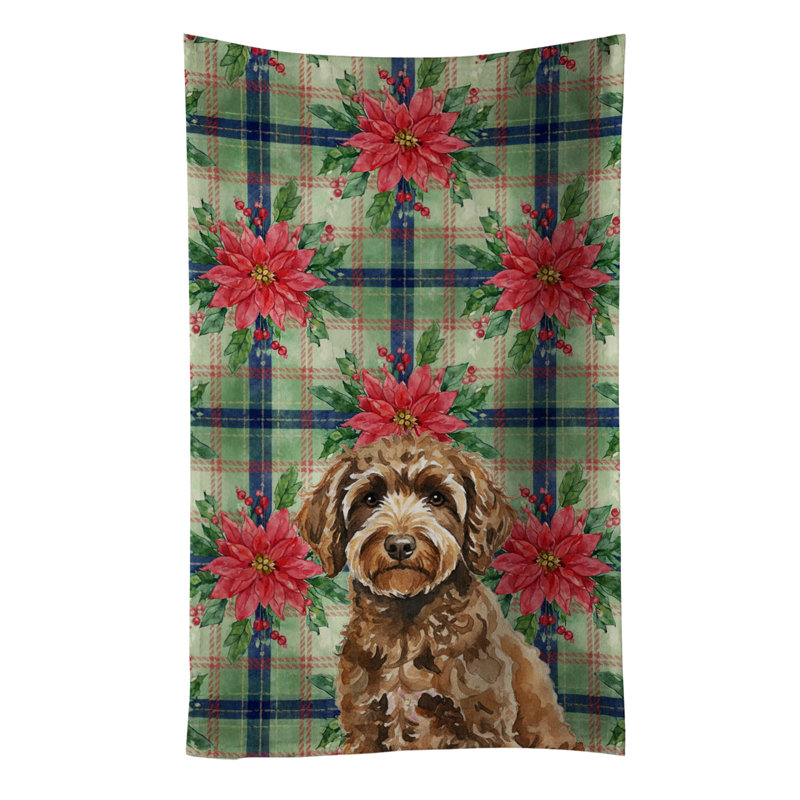 Spanish Water Dog Christmas PoinsettIas Kitchen Towel, Brown Spanish Water Dog