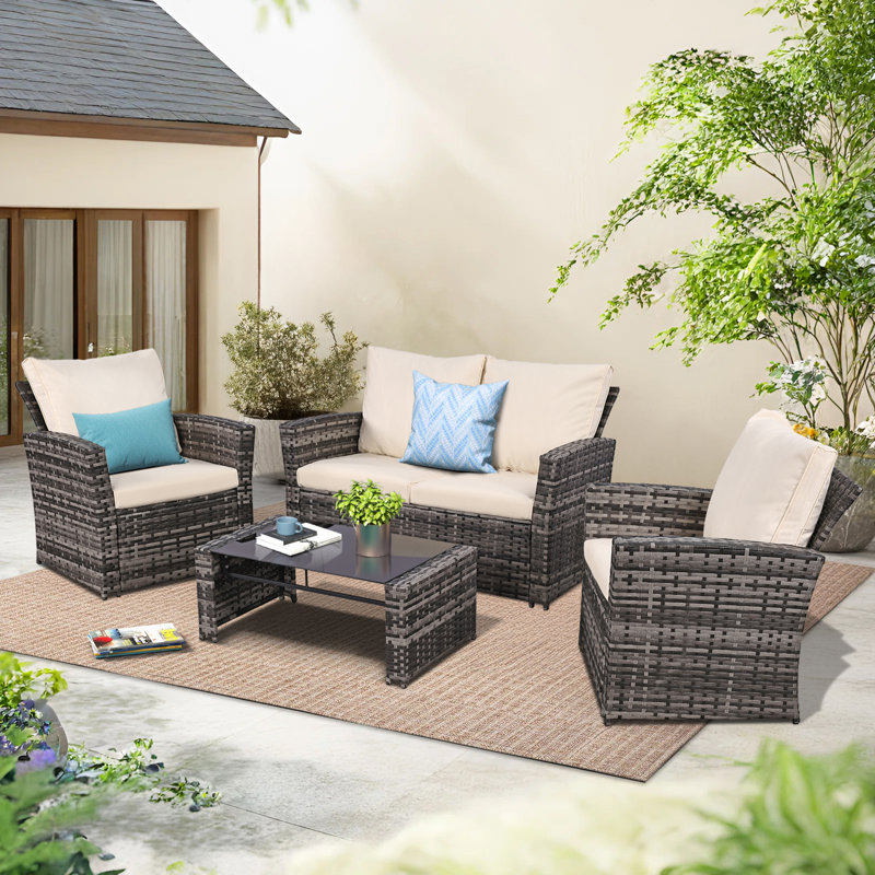 Ensemble de meubles de patio 4 pièces, ensemble de conversation en osier avec canapé et coussins et table basse pour l'extérieur
