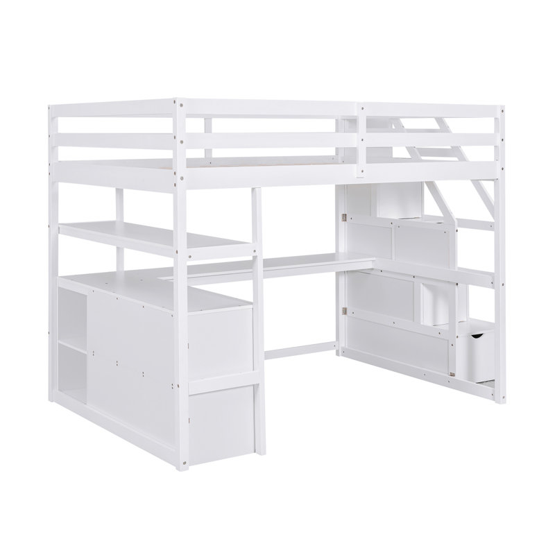 Lit mezzanine double avec bureau et tablettes, deux tiroirs intégrés, escalier de rangement, blanc