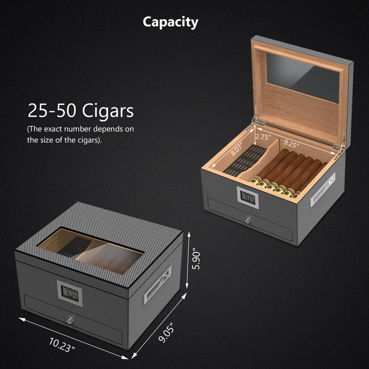 Mensie Glass Top Cedar Humidor with Front Hygrometer, Humidifier, Divider, and Accessory Drawer, Desktop Cedar Wood Cigar Box Holds 25-50 Cigars, Ciga