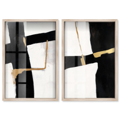 Art mural de salon minimaliste noir et blanc abstrait avec impression de boîte-cadre par Art Remedy, cadre blond, 36 x 54