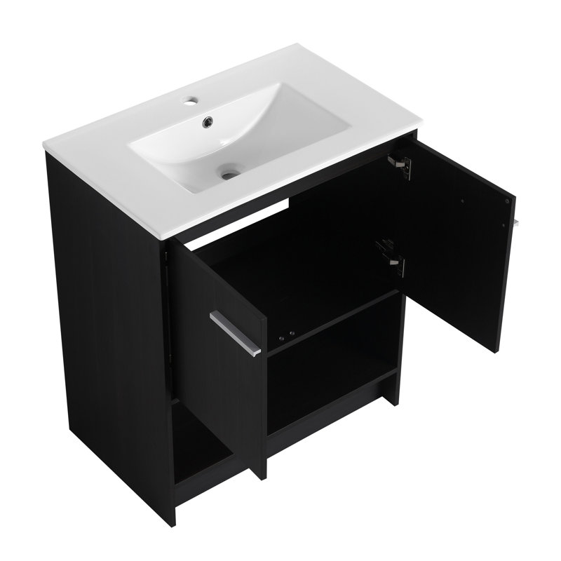 Meuble-lavabo de salle de bain avec lavabo en céramique, 2 portes à fermeture douce, meuble-lavabo autoportant, 30"
