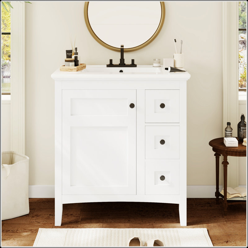 Meuble-lavabo moderne de 30 pouces avec lavabo en céramique, 3 tiroirs spacieux, structure en bois massif pour un rangement efficace et une conception élégante