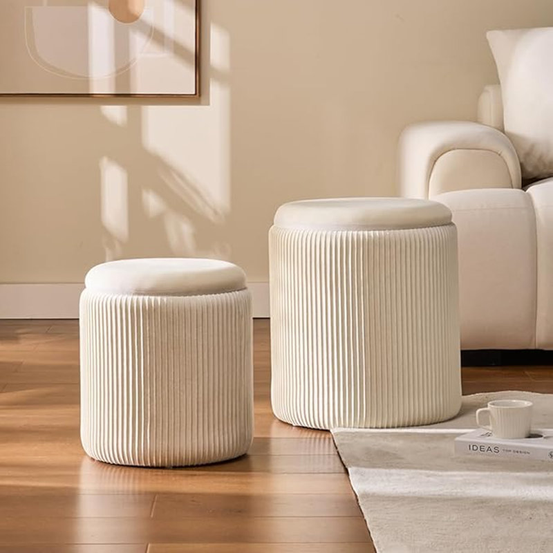 Cream Velvet Round Ottoman Set with Hidden Storage