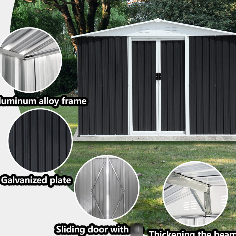 Metal Shed 8x6 Feet With Design - Grey Storage For Garden Equipment 8ft X 6ft, Gray, 71.52" H x 100.59" W x 72.38" D