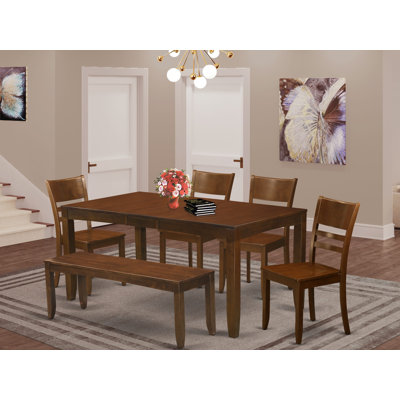 6 Piece Dining Room Table Set Contains a Rectangle Kitchen Table with Butterfly Leaf and 4 Dining Chairs with a Bench, 36x66 Inch, Espresso