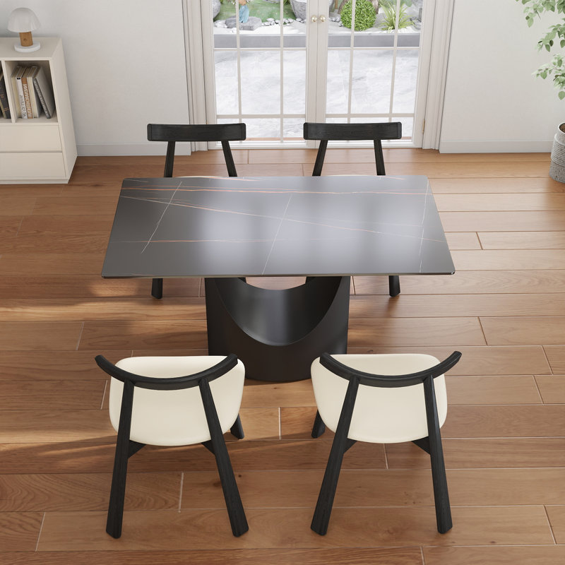 5-Piece Modern Rectangular Sintered Stone Dining Table Set With 4 Faux Leather Chairs, Lauren Blackgold, Beige/Black, Black