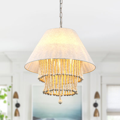 Lustre suspendu 16 lumières en bois de style bohémien 16 po, abat-jour en tissu pour chambre à coucher, salle à manger