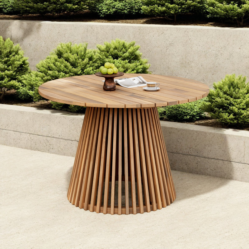 Table de salle à manger d'extérieur en bois d'acacia - Conception ronde élégante avec base à lattes, Brun