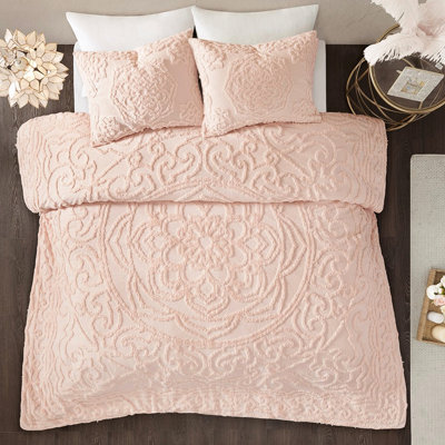 3 édredon très grand / très grand avec chenille rosée en coton à motif de médaillon