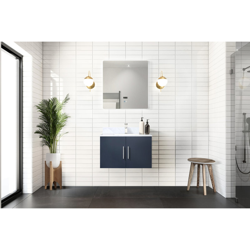 Meuble-lavabo bleu marine 30 po L x 22 po P, dessus en marbre, miroir à DEL - Fermeture douce, résistant aux égratignures et aux taches, grand espace de rangement.