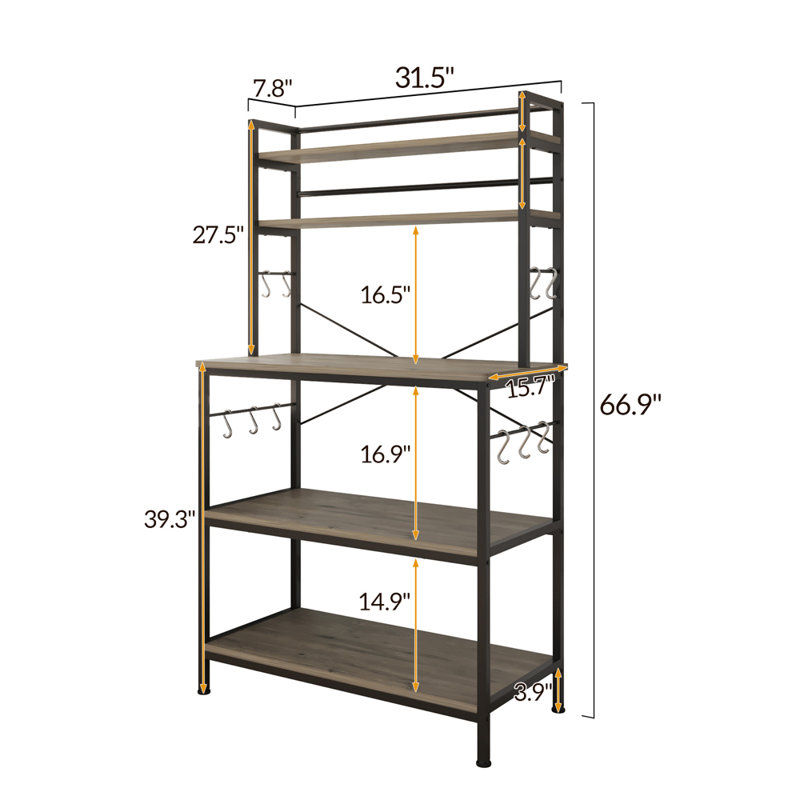 Washed Gray Industrial Metal and Wood Baker's Rack with Hooks