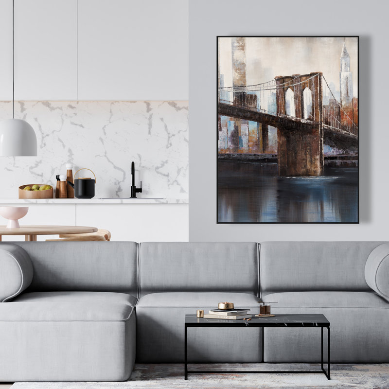 Urban Brooklyn Bridge Beige Canvas | Home Decor Framed Art