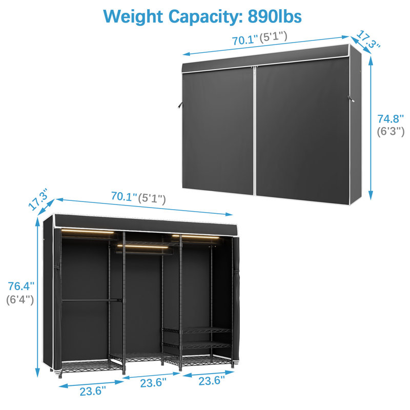 VIPEK V5L Covered Clothes Rack with Dimmable LED Lights, Closet Rack with Cover, Black/Black