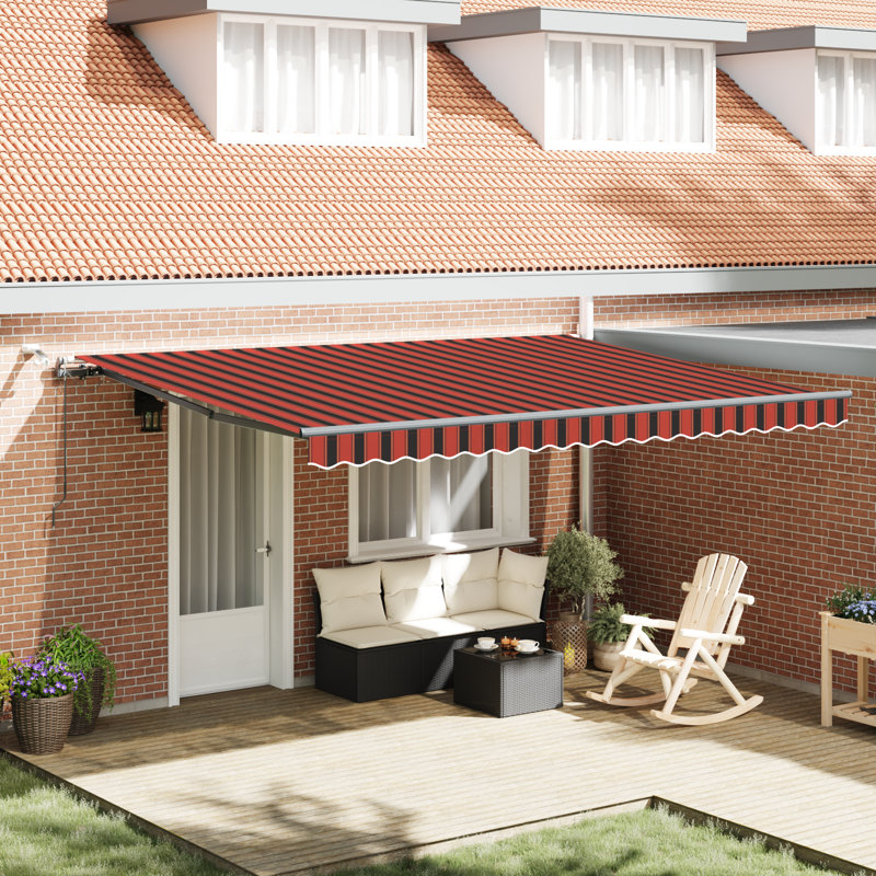 Ebern Designs Polyester Cover Retractable Patio Awning, Orange/Brown Striped, 450 cm W x 350 cm D