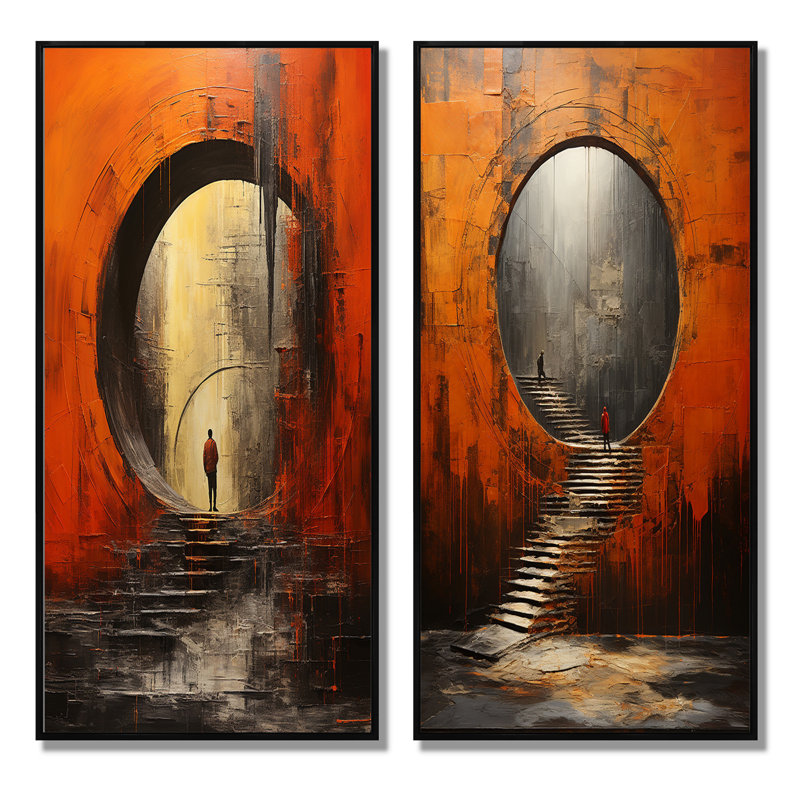 «Orange Tunnel Wall Art», ensemble de 2 pièces sur toile - Orange Tunnel Whispering Echoes Mixed, Cadre noir