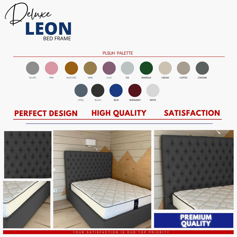 Leon Deshler Upholstered Bed Frame - Plush Velvet with Headboard and Sprung Slats, Black, Super King (6')