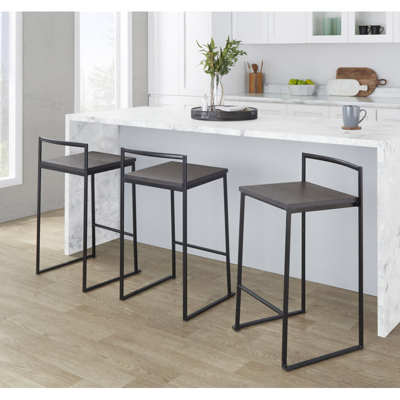 Tabouret de comptoir empilable avec siège en bois Brieon (ensemble de 3), Noir