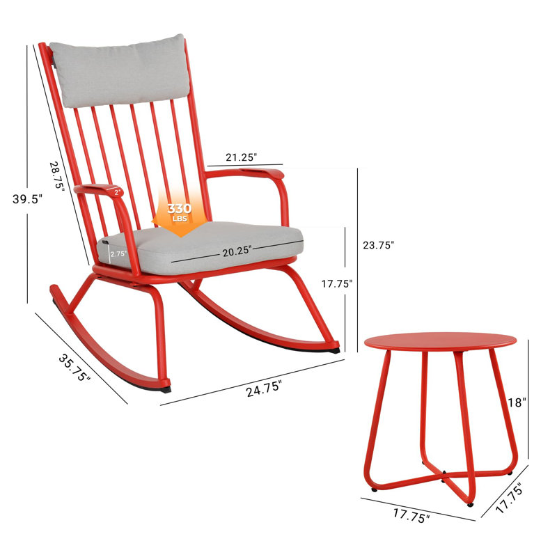Ensemble de chaises berçantes d'extérieur 3 pièces, Rouge