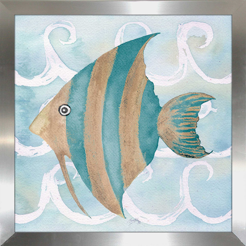 «Sea Creatures on Waves IV», reproduction de peinture à l'aquarelle, H 36 po x l 36 po x P 0,75 po, Encadrement argenté