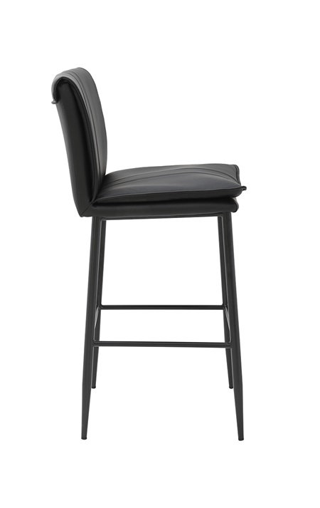 Tabouret de bar d'intérieur en métal avec siège rembourré et dossier à couture verticale en vinyle noir
