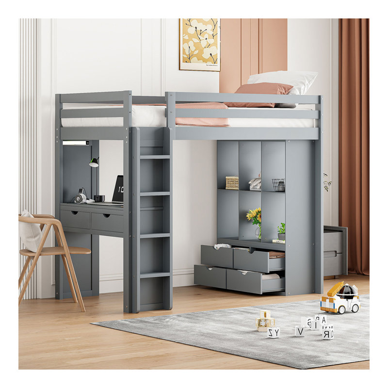 Lit mezzanine simple avec grandes tablettes, bureau et lumière DEL, gris, Gris, Lit simple