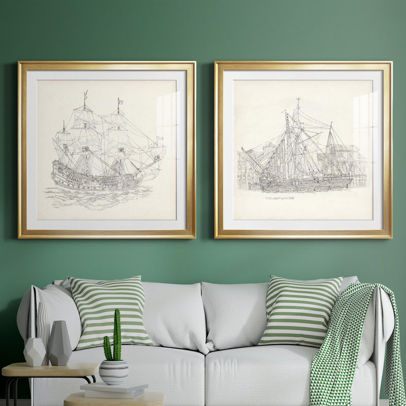 Esquisse de bateau antique ix Esquisse de bateau antique ix - ensemble de 2 reproductions de dessins encadrés, Blanc
